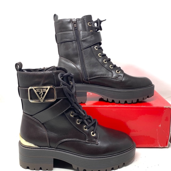 GUESS Flat Combat Booties Dark Brown Faux Leather Women's Size Heel GFFINLEES - Picture 3 of 8